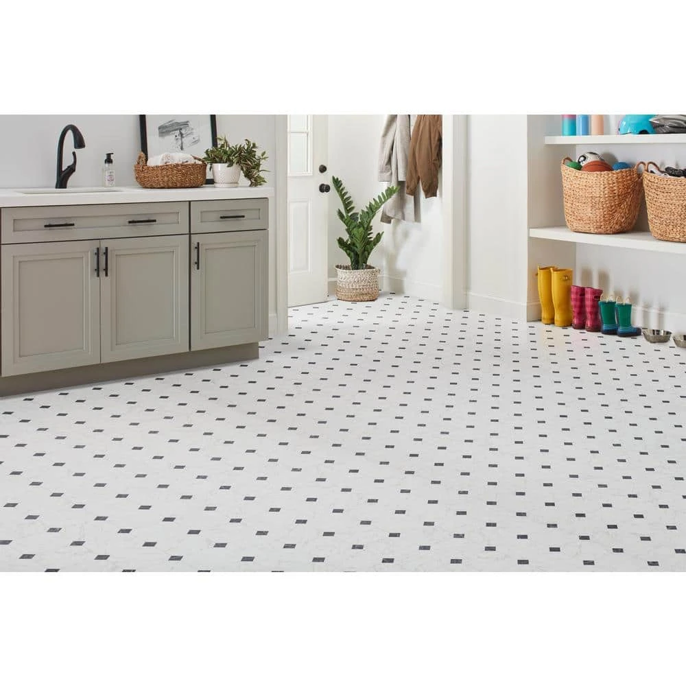 Black and White Marble Paver Residential Vinyl Sheet Flooring 12ft. Wide x Cut to Length by TrafficMaster 4 Black and White Marble Paver Residential Vinyl Sheet Flooring 12ft. Wide x Cut to Length by TrafficMaster - Image 2