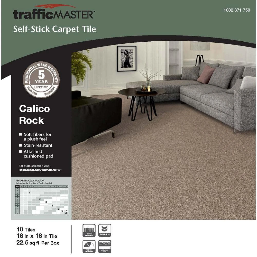 Calico Rock Brown Residential 18 in. x 18 Peel and Stick Carpet Tile (10 Tiles/Case) 22.50 sq. ft. by TrafficMaster 5 Calico Rock Brown Residential 18 in. x 18 Peel and Stick Carpet Tile (10 Tiles/Case) 22.50 sq. ft. by TrafficMaster - Image 3